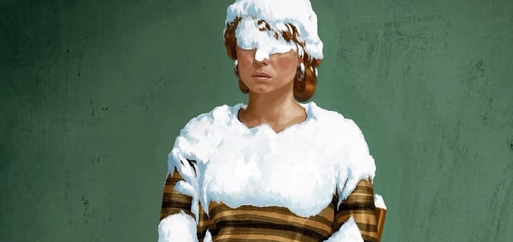 Cena do filme Estou Pensando em Acabar com Tudo, de Charlie Kaufman, com personagem coberta de neve