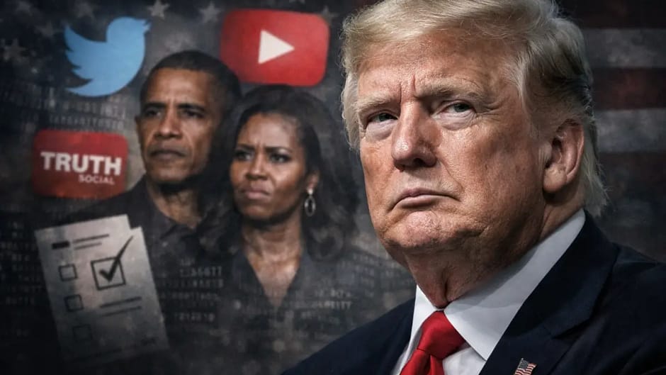 Donald Trump em destaque com símbolos de redes sociais ao fundo e imagens desfocadas de Barack e Michelle Obama, representando polêmica política e racismo visual.
