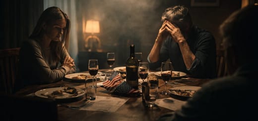 Cena conceitual representando tensão familiar durante discussão política em ambiente doméstico