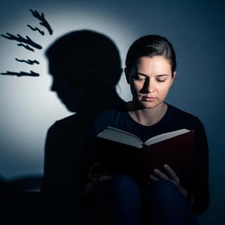 Pessoa lendo em ambiente escuro representando o arquétipo da sombra e o autoconhecimento