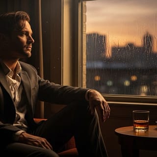 Homem sentado próximo à janela ao entardecer com luz cinematográfica representando a mise-en-scène no cinema