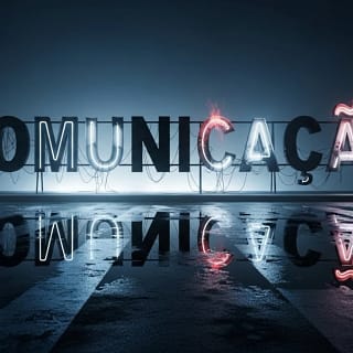 Um letreiro de neon quebrado com a palavra “COMUNICAÇÃO”, onde metade das letras não acende.