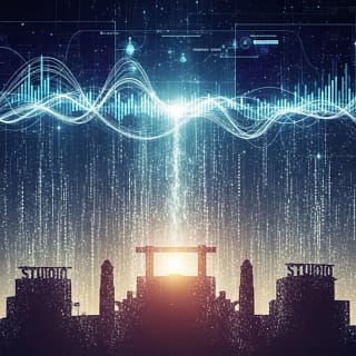 Silhuetas de prédios clássicos de estúdio (arquétipos, não marcas) dissolvendo-se em partículas digitais que formam uma interface de streaming.