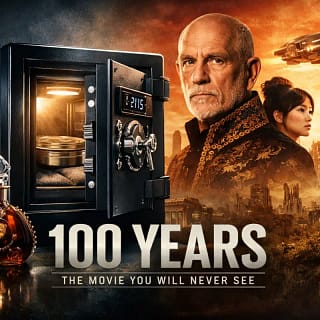 Cofre metálico selado contendo o filme “100 Anos”, projeto estrelado por John Malkovich, representando a espera de um século entre arte e marketing
