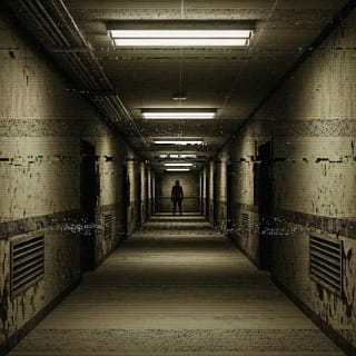 Imagem em estilo analog horror mostrando corredor digital com efeito VHS, ruídos visuais e silhueta misteriosa ao fundo, representando creepypastas e desinformação