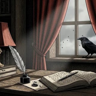 Ilustração gótica inspirada em Edgar Allan Poe, com mesa de escrita, livro antigo, pena e atmosfera sombria em um gabinete vitoriano.