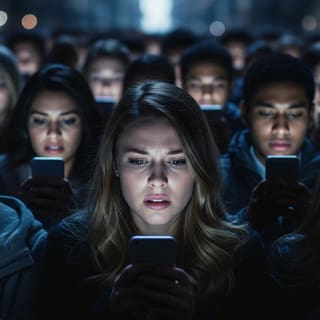 Multidão acompanhando notícias no celular em clima de tensão, representando o pânico digital e as discussões sobre o caso Banco Master nas redes sociais