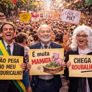 Foliões participam de bloco carnavalesco com protesto político contra supersalários no Rio de Janeiro
