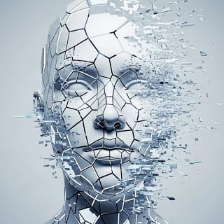 Rosto humano fragmentado representando a falha da memória coletiva no Efeito Mandela