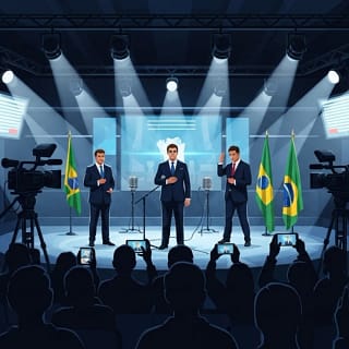 Ilustração simbólica sobre a corrupção no Brasil como espetáculo midiático, com políticos sob holofotes e público usando celulares