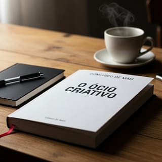 Livro O Ócio Criativo de Domenico De Masi sobre mesa de madeira com caderno e café