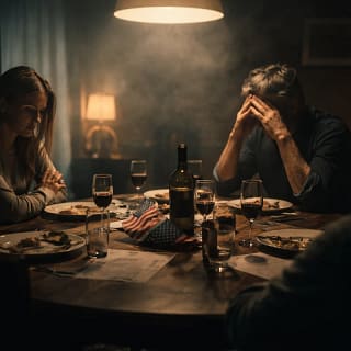 Cena conceitual representando tensão familiar durante discussão política em ambiente doméstico