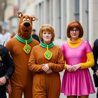 Policiais fantasiados de Scooby-Doo, Salsicha e Velma durante operação em bloco de Carnaval em São Paulo