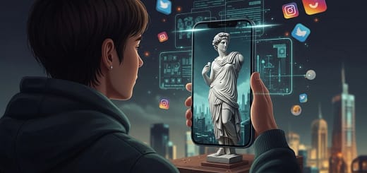 Influenciador observando seu reflexo no celular representando o culto à imagem nas redes sociais