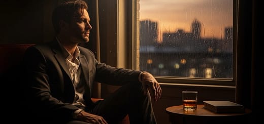 Homem sentado próximo à janela ao entardecer com luz cinematográfica representando a mise-en-scène no cinema