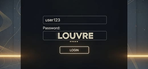 Um login screen estilizado com a palavra “LOUVRE” como senha digitada em negrito