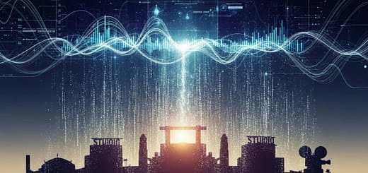 Silhuetas de prédios clássicos de estúdio (arquétipos, não marcas) dissolvendo-se em partículas digitais que formam uma interface de streaming.