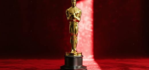Estatueta do Oscar dourada sobre pedestal preto, em fundo vermelho com feixe de luz dramático.
