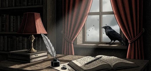Ilustração gótica inspirada em Edgar Allan Poe, com mesa de escrita, livro antigo, pena e atmosfera sombria em um gabinete vitoriano.