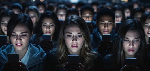 Multidão acompanhando notícias no celular em clima de tensão, representando o pânico digital e as discussões sobre o caso Banco Master nas redes sociais