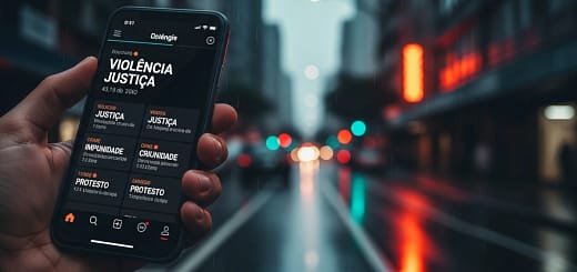 Celular exibindo manchetes em português sobre o caso do cachorro Orelha e a comoção nas redes sociais no Brasil