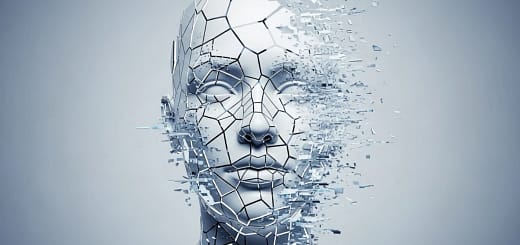 Rosto humano fragmentado representando a falha da memória coletiva no Efeito Mandela