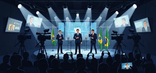 Ilustração simbólica sobre a corrupção no Brasil como espetáculo midiático, com políticos sob holofotes e público usando celulares