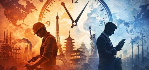 Ilustração conceitual sobre jornada de trabalho no mundo mostrando contraste entre trabalhadores e um grande relógio global.