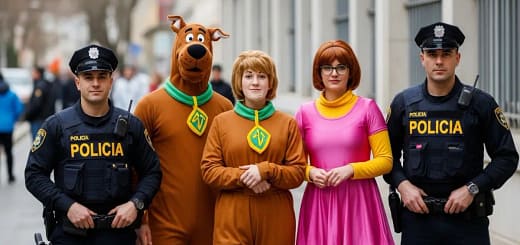Policiais fantasiados de Scooby-Doo, Salsicha e Velma durante operação em bloco de Carnaval em São Paulo