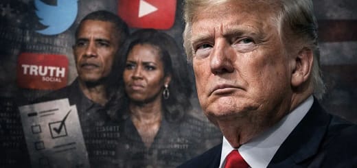 Donald Trump em destaque com símbolos de redes sociais ao fundo e imagens desfocadas de Barack e Michelle Obama, representando polêmica política e racismo visual.