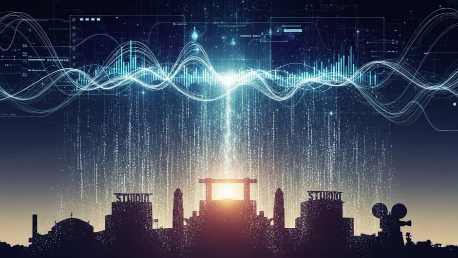 Silhuetas de prédios clássicos de estúdio (arquétipos, não marcas) dissolvendo-se em partículas digitais que formam uma interface de streaming.
